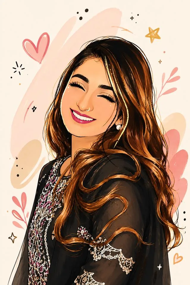 Illustrated self-portrait of Asma Jamali, smiling